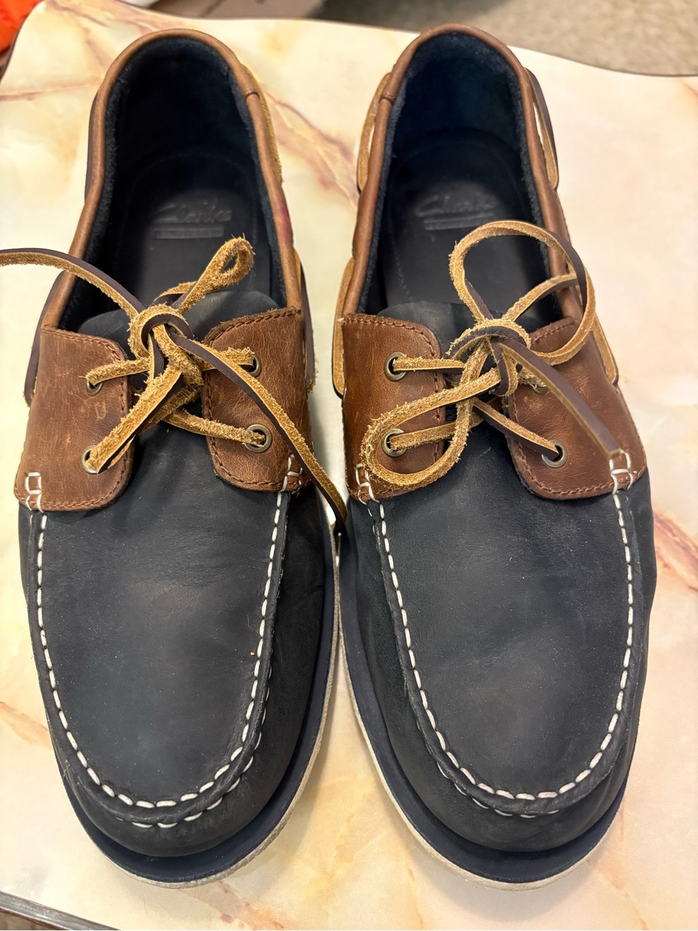 Clarks Port View Boat Shoes Navy Brown Leather Nautical Mens Sz 11